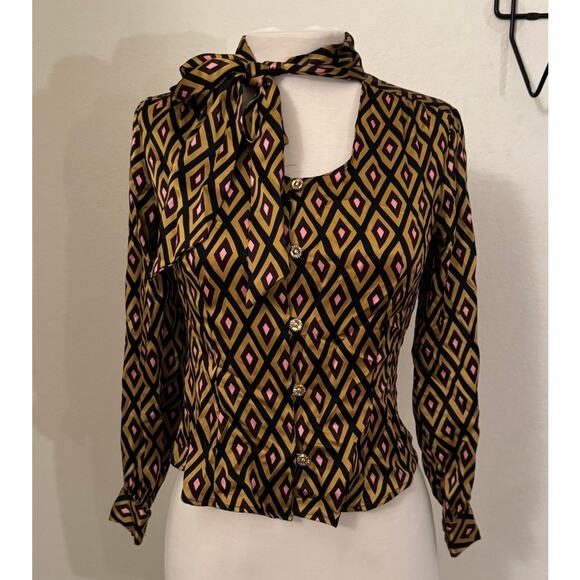 Milly of New York Gold Diamond Geometric 100% Silk Blouse Size 0 - Picture 1 of 5